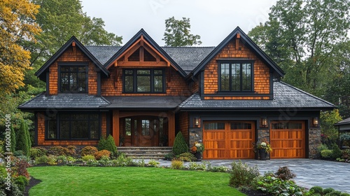 Timeless Elegance: A Stunning Craftsman Style Home with Cedar Shingle Siding, Black Trim, Stone Accents, Manicured Lawn, and Lush Landscaping in a Serene Setting.