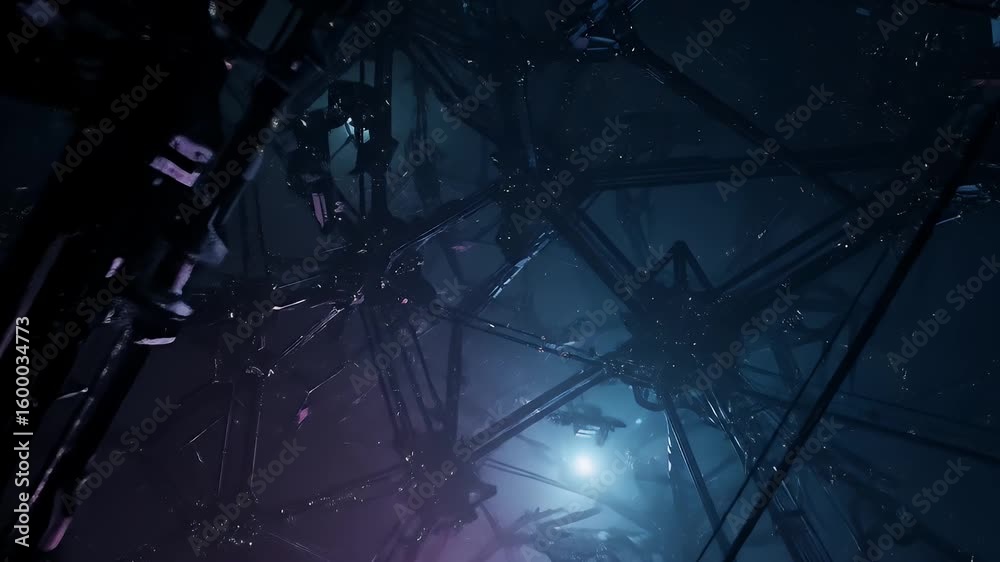 Dark geometric structure with intricate lines and light sources