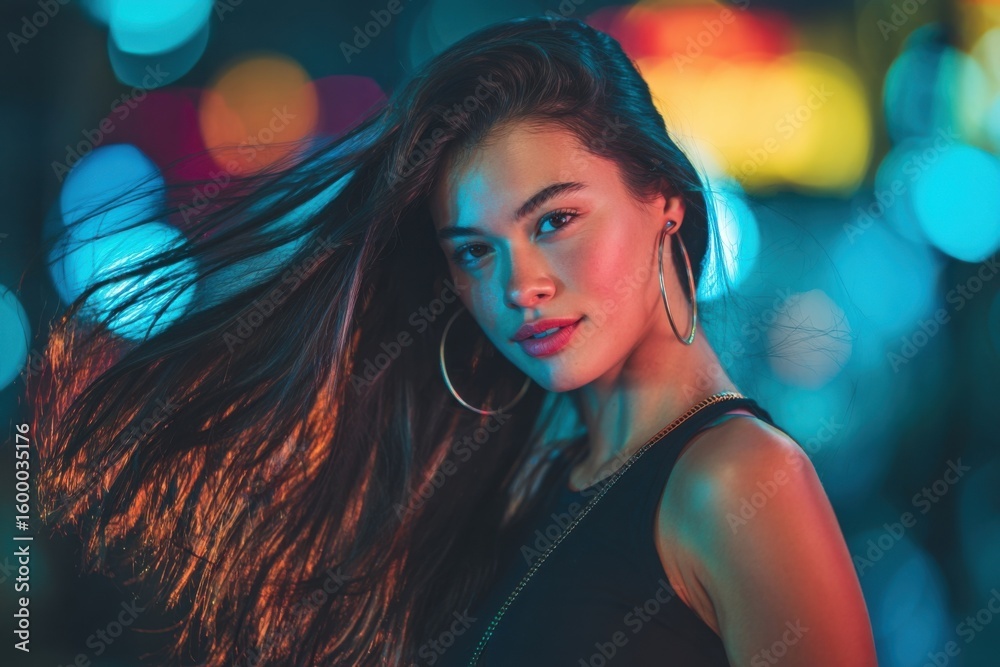 Fototapeta premium Young woman with long flowing hair posing under colorful neon lights at night.
