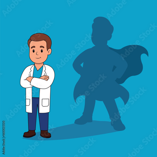 Superhero doctor concept. Cartoon male physician with heroic shadow
