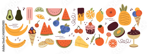 Natural tropical fruit, dessert, citrus orange, vitamin lemon, avocado, strawberry, pineapple. Hand-drawn for print, banner, poster, social network. art  cute icon, isolated on a white background. png