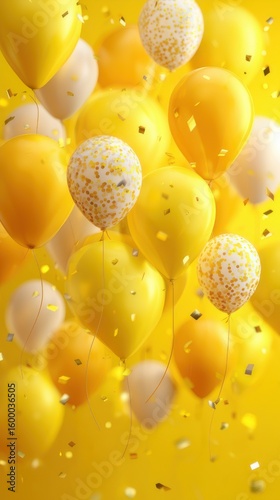 Bright yellow and white balloons float against a vibrant yellow background during a festive celebration