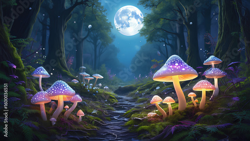 Magical Forest with Glowing Mushrooms in Violet, Pink, and White – Soft Light Fantasy Landscape
