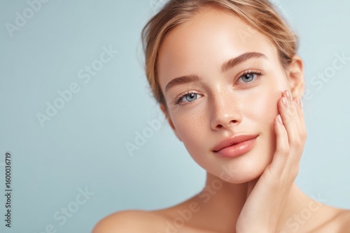 Beautiful young woman with clear skin and natural makeup posing against light blue background.