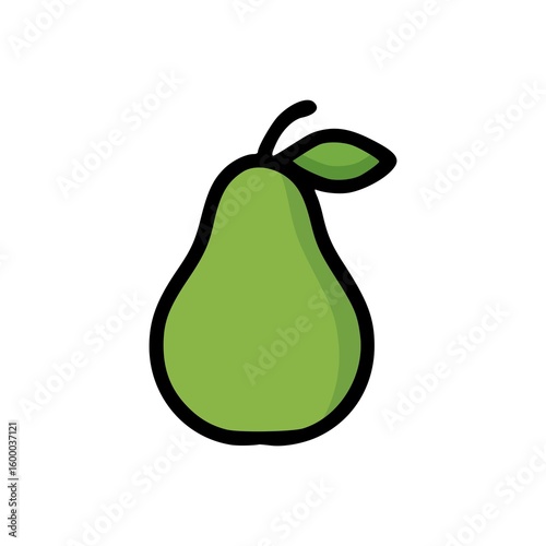 Fresh green pear icon with minimal vector design, black stroke outline, single leaf, isolated on clean white