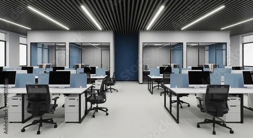Sleek modern office interior with minimalist furniture, dark ceiling, blue accents, and pristine white floor.