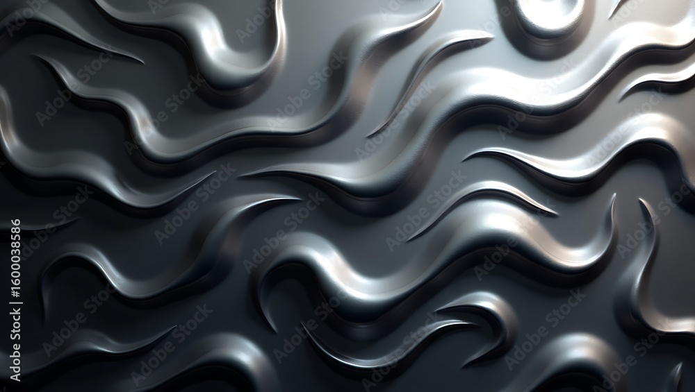 Fototapeta premium Abstract metallic waves with a fluid rippling texture and a dark reflective surface