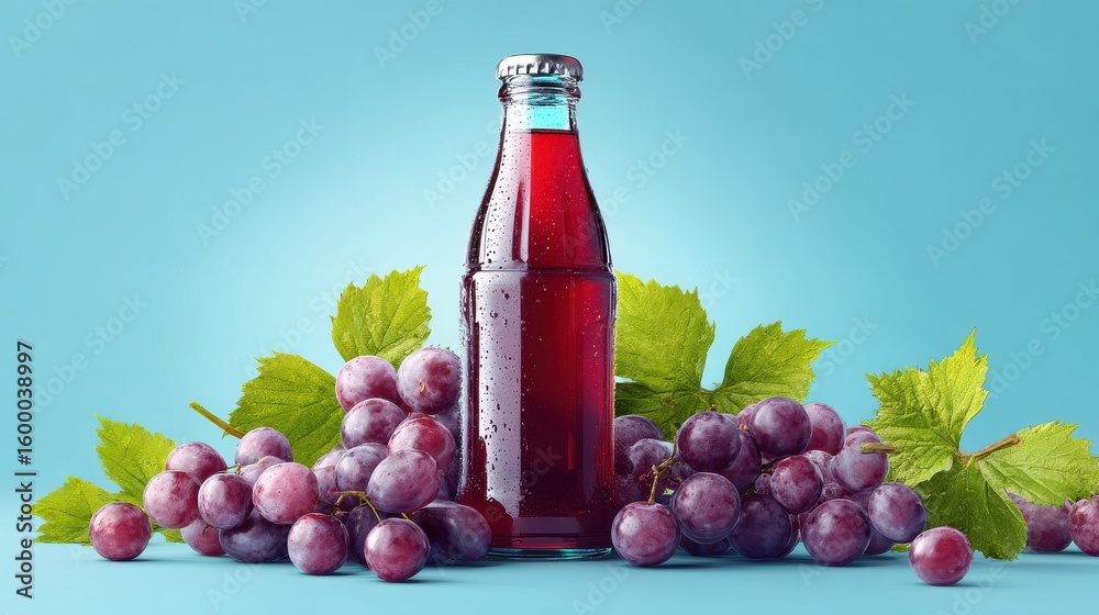 Fototapeta premium grape juice bottle surrounded by fresh grapes, bright sky background