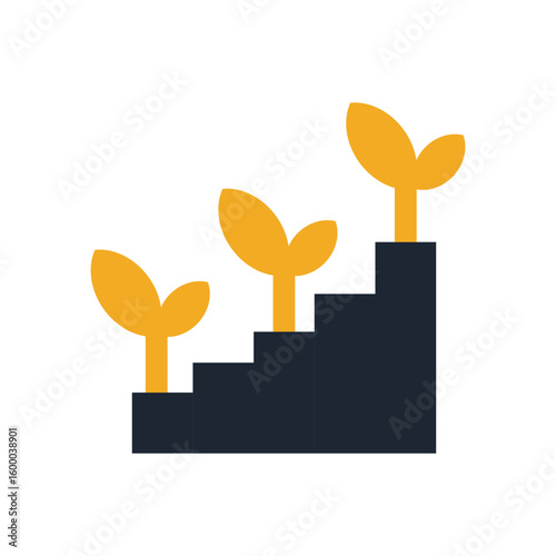 Three yellow sprouts ascend black steps, symbolizing growth; flat, minimalist design, bright light, optimistic mood, simple shapes, clean lines, graphic style, close-up view.
