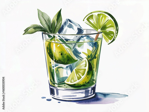 A refreshing mojito drink with lime, mint, and ice in a glass, isolated on white
A cold green mojito cocktail with fresh lime and mint leaves in a glass
Fresh mojito cocktail with lime, mint, and ice 