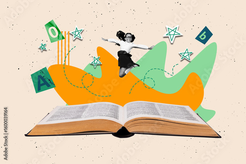 Image trendy art banner collage of happy schoolgirl jump open book literature lesson letter vocabulary education homework