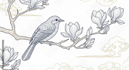 Elegant japanese bird gracefully perched on a delicate cherry blossom branch in traditional ink line art style.