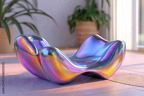 Iridescent, amorphous lounge chair rests on a pale pink floor near potted plants, bathed in soft, sunlit ambiance.  Its smooth, reflective surface displays shifting rainbow hues