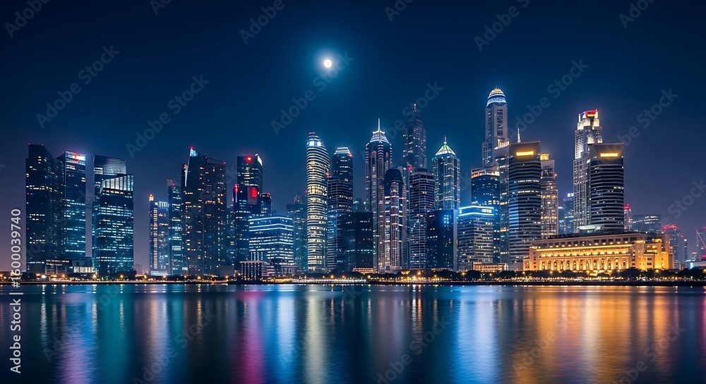 Singapore's Skyline Shimmers Under a Full Moon's Glow, Reflected in Calm Waters Singapore's Skyline Shimmers Under a Full Moon's Glow, Reflected in Calm Waters