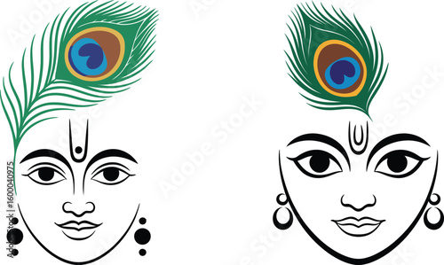 Lord Krishna Face Outline with Peacock Feather and Tilak. Hindu God Vector for Spiritual Designs