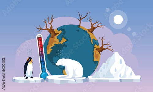 Global warming vector illustration. Penguin and polar bear on ice floe flat illustration, sea level rise, nature damage.