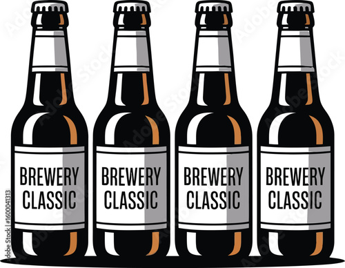 Four Classic Beer Bottles from a Brewery. Craft Beverage and Alcohol Product Display Vector