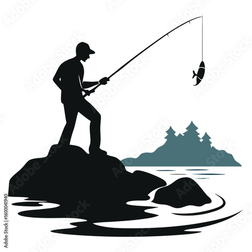 Angler catching fish with a rod on the lake at sunset