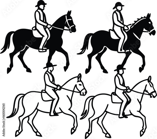 Equestrian sport silhouette: A black vector illustration of a jockey riding a running horse