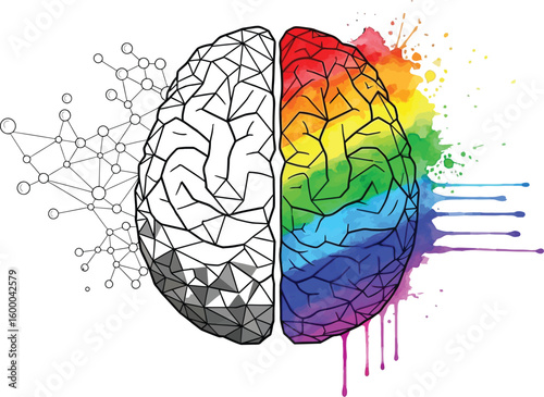 Abstract concept of duality in human brain, left logical network, right colorful creativity and art