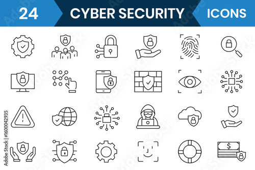 Cyber security icon set collection. Security line icons vector, data protection, network security, antivirus software, encryption, data security, cloud security, eye scan, technology icons, vector.