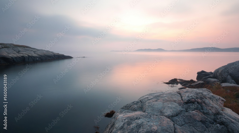 Obraz premium Flat landscape in Norway, dawn, mist and fog, towards the right in the background the coast begin 