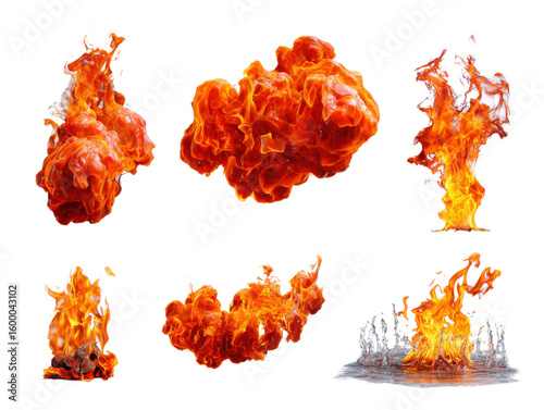 Fiery Display: A collection of dynamic and visually striking flames, in various shapes and sizes, showcasing the raw power and intense beauty of fire. 