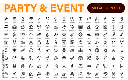 Party and Event Icons - Elegant Thin Line Collection. Outline Celebration Symbols for Birthdays, Anniversaries, and Festive Gatherings.