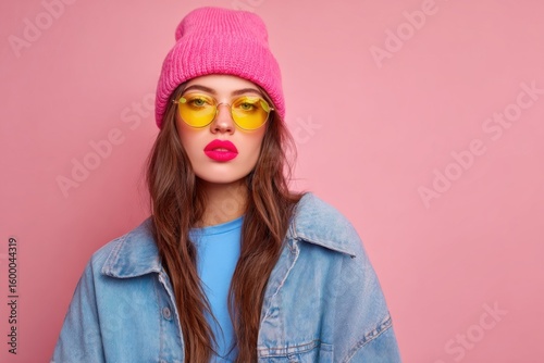Fashionable young woman wearing pink beanie yellow sunglasses and blue denim jacket.