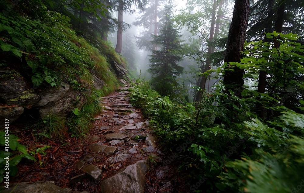 Obraz premium Misty Forest Path Stone Steps Winding Through Lush Green Vegetation