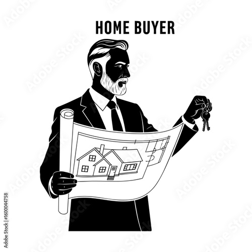 Home Buyer Holding House Blueprint and Keys – Real Estate Vector Art