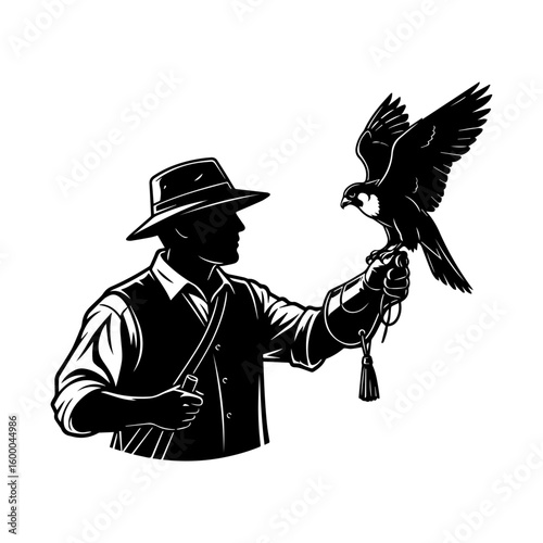 Falconer Silhouette with Hawk on Glove – Traditional Falconry Illustration in Vintage Style