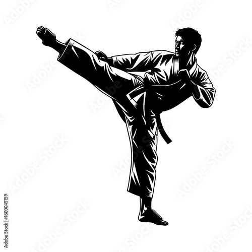 Martial Artist Silhouette Performing High Kick in Karate Gi – Black Belt Fighter Illustration