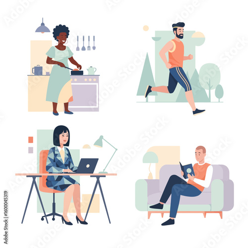 Diverse people engaged in various daily activities, including cooking, running, working, and relaxing.