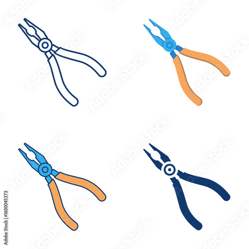 Pliers tool flat and line icon set