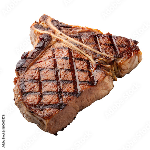 Grilled T-bone steak with charred grill marks on a transparent background. The meat is juicy and well-cooked, showcasing a rich brown color.