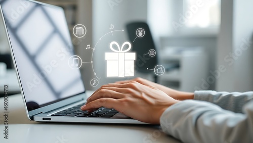 A person's hands typing on a laptop keyboard, selecting a digital gift from an online loyalty program. E-commerce concept with virtual icons.