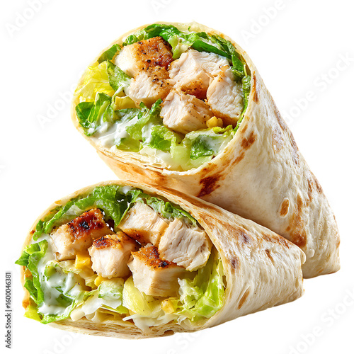 Grilled Chicken Caesar Salad Wrap with Lettuce and Creamy Dressing isolated on a transparent background