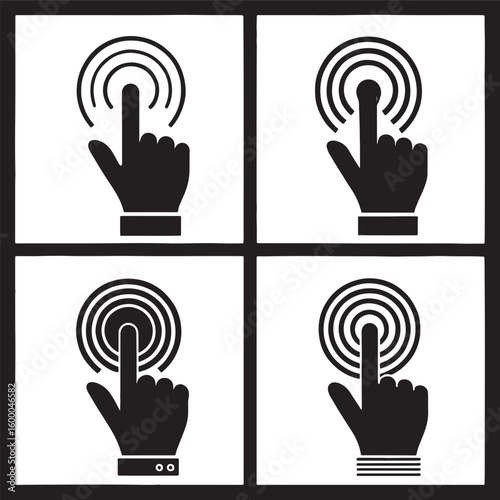 Four black hand icons touching screen with concentric circles. Art & Illustration
