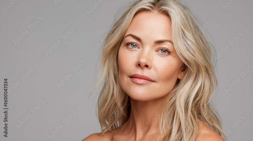 Fototapeta premium Elegant mature woman with natural makeup and long blonde hair on gray background.