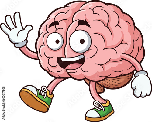 Cartoon brain character waving hello and walking happily