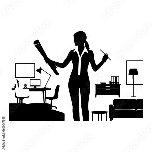 Interior Designer Silhouette with Office and Home Furnishing Tools – Architecture & Decor Vector