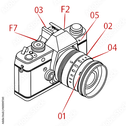 Line drawing of vintage camera with numbered labels