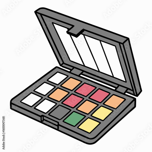 Open makeup palette with twelve color pans and mirror