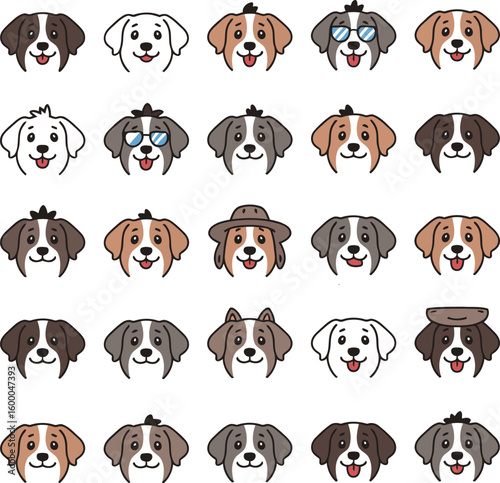 Collection of adorable dog faces with different expressions and accessories