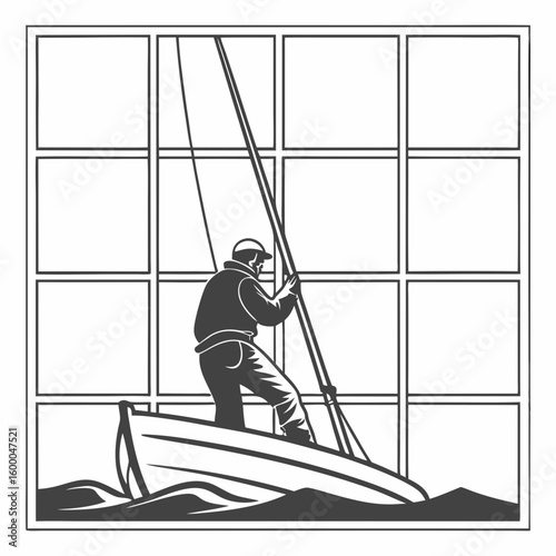 Sailor in boat pulling rope against grid background