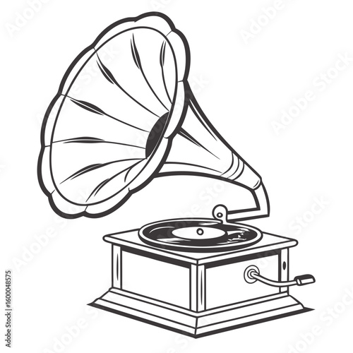 Vintage gramophone with horn and record antique music