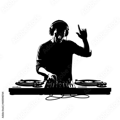 DJ Mixing Music – Disc Jockey at Turntables with Headphones