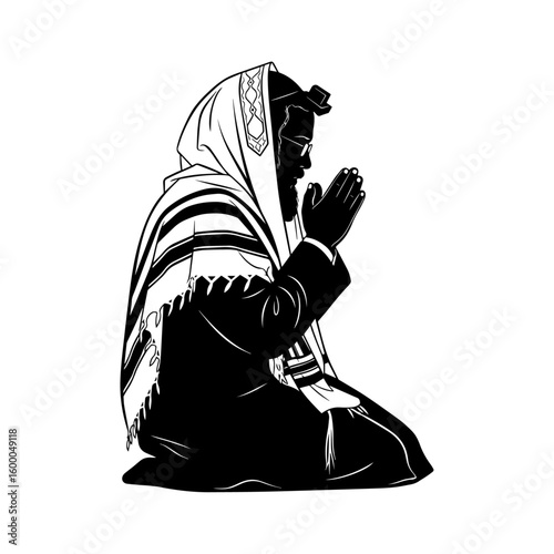 Jewish Man Praying in Tallit – Silhouette of Religious Worship and Devotion