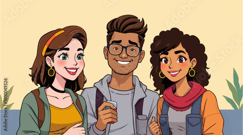Vector illustration in flat style showing three friends